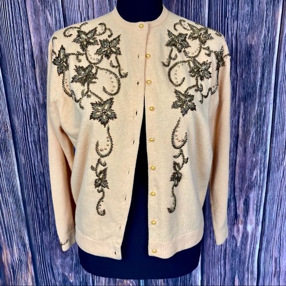Vintage Sweaters - VINTAGE 50's 60's Golden Yellow Beaded Leaves Cardigan Wool Sweater